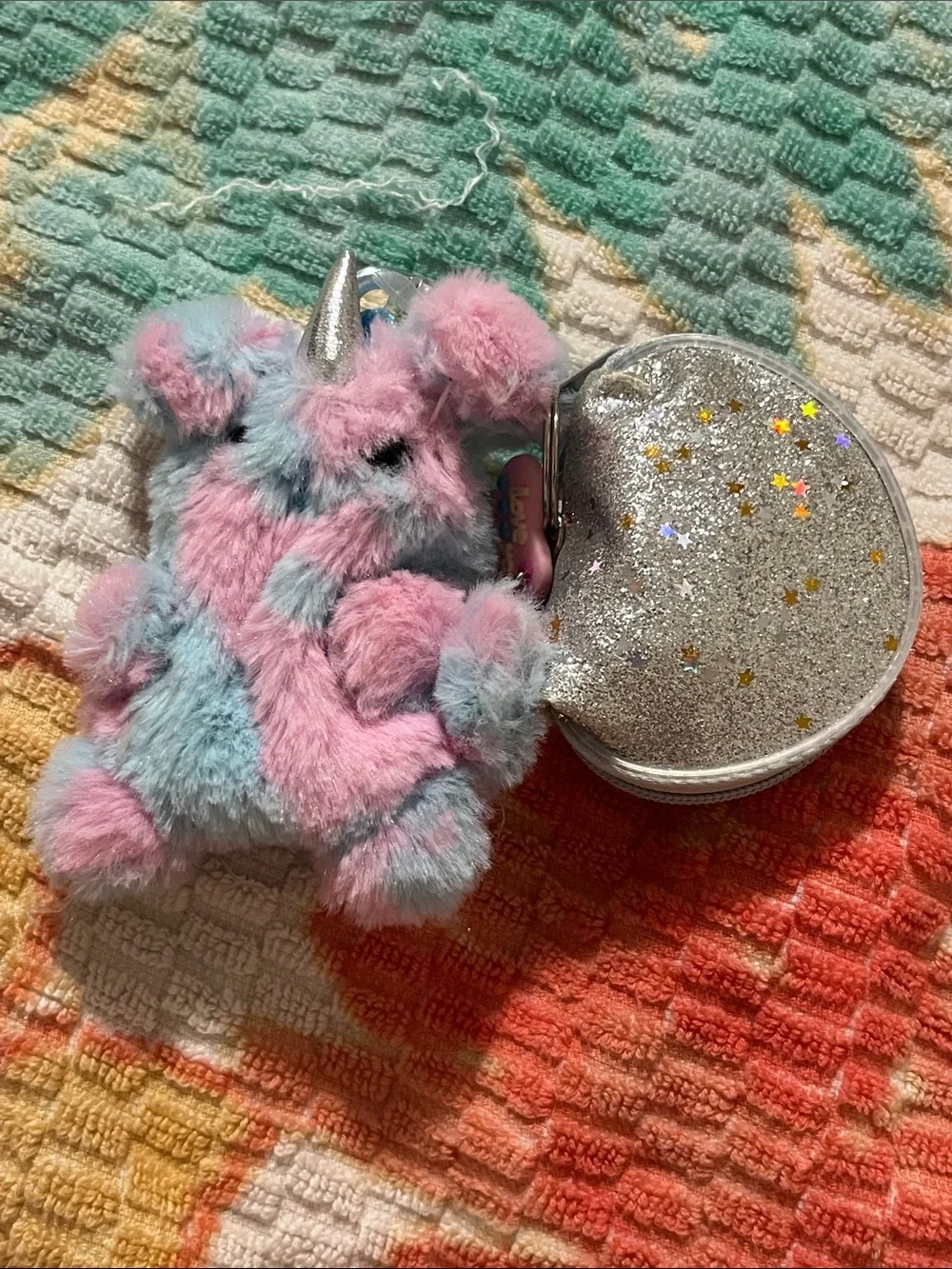 Juicy Couture Silver Glitter Heart Bag with Pink & Blue Plush Unicorn Keychain